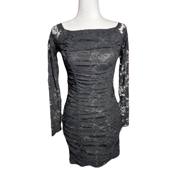 Urban Renewal Black Lace Dress Form Fitting Bodycon Long Lace sleeve Ruching NWT - Picture 1 of 12